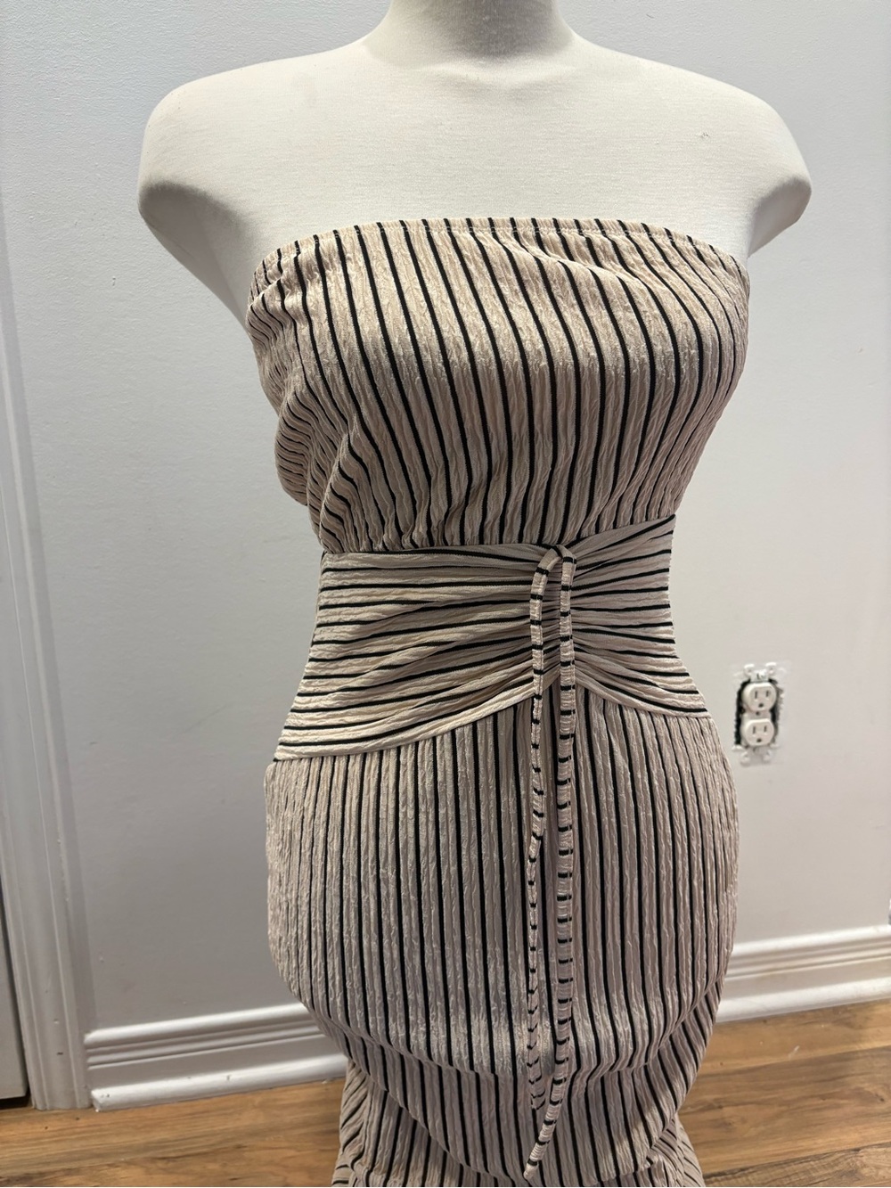 Strapless Beige & Black Striped Midi Dress